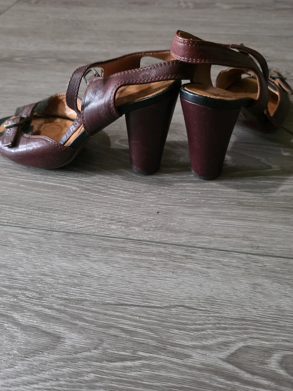 Chie Mihara Burgundy and Black Leather Buckle Heels